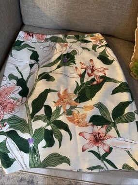 Floral Print Linen-Blend Pencil Skirt - Cream with Green & Pink Floral